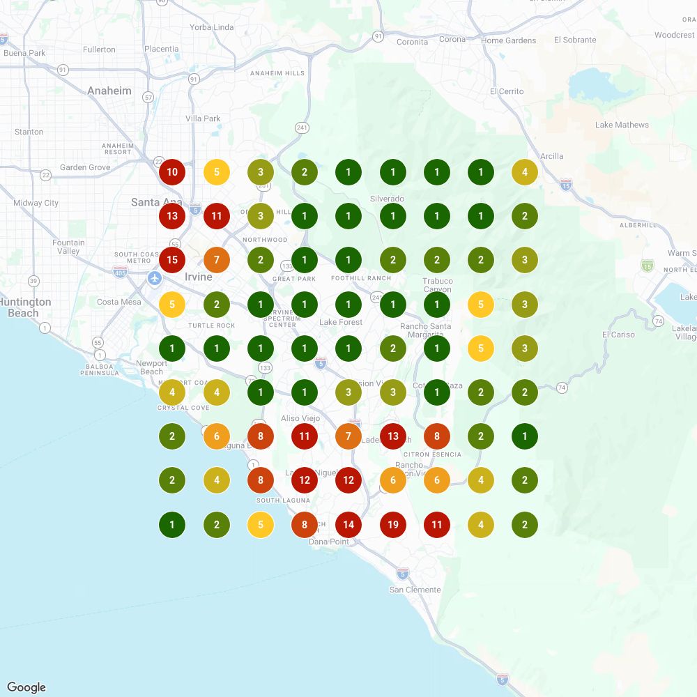 Map grid for the search drain cleaning mission viejo: Your best result: #1 on your block and in the top 3 across most of the map. 