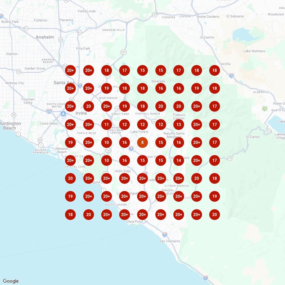 Map grid for the search plumber mission viejo: You rank #8 standing on your own block, and 12 to 20+ almost everywhere else. Every dot is a spot on the map where we checked.