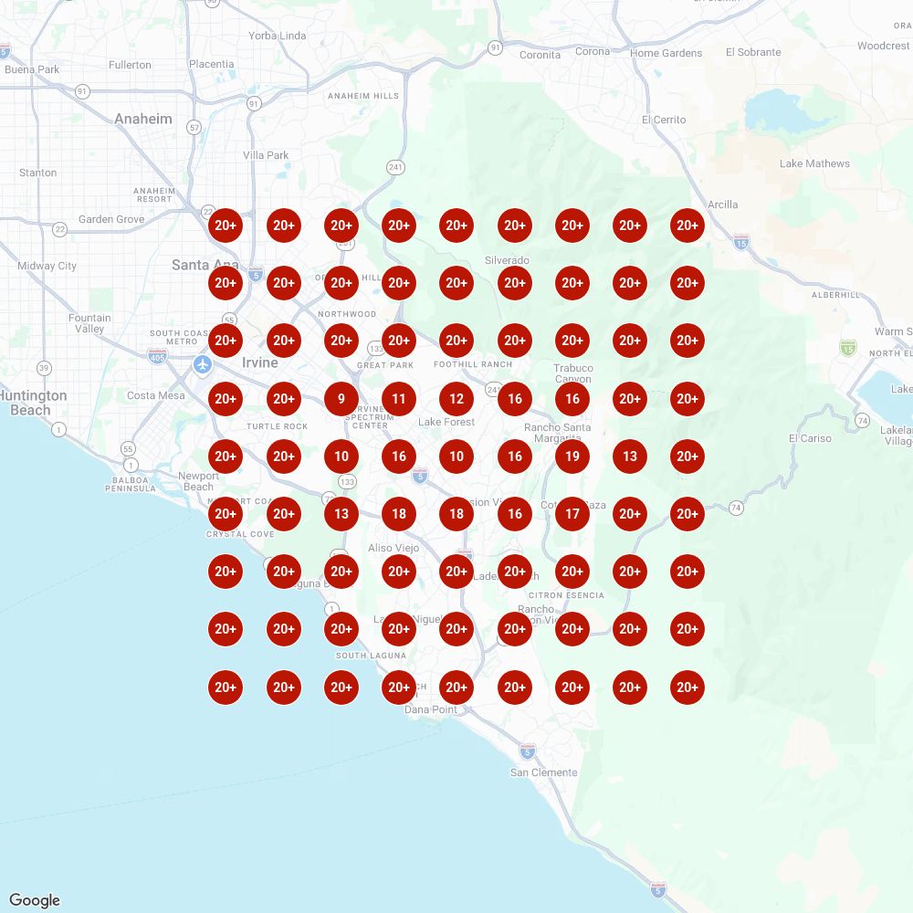 Map grid for the search plumbing services mission viejo: Outside the top 3 on every one of the 81 spots we checked.